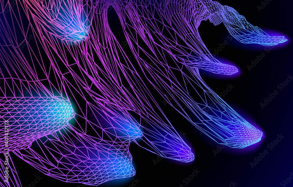Poster Abstract technology grid or surface background with colorful stalactites or tentacles, triangular cells and vibrant neon colors.