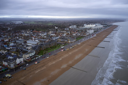 Aerial view looking eastwards from Bognor Regis seafront along the beach towards Butlins.