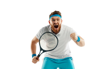 Winner. Highly tensioned game. Funny emotions of professional tennis player isolated on white...