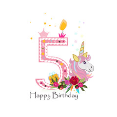 Happy fifth birthday candle with magical unicorn horse with roses baby girl greeting card vector © HELIORA