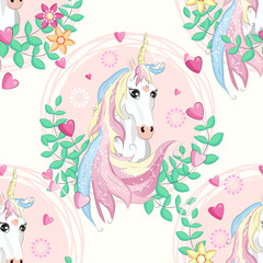 Seamless pattern with unicorns, donuts rainbow, confetti and other elements