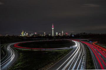 Thunderstorms and storms with weather phenomena over Frankfurt. Clouds over the skyline and the...