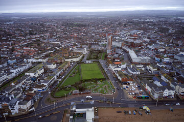 Aerial photo of Waterloo Square in Bognor Regis with a crazy golf area and a grass bowling green in...