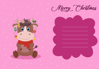 Design of a new year's card 2021 with the image of a cute bull. Vector graphics.