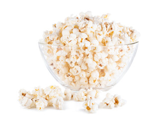Close up transparent glass bowl of popcorn isolated on white background