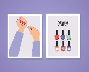 cards of manicure lettering and hands with a red nails, one nail file and set of polish bottles icons