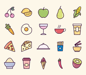 Fototapeta na wymiar food line and fill style icons bundle vector design
