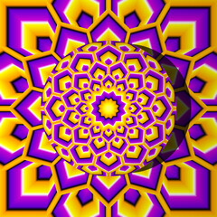 Yellow and purple background with growing sphere in techno style. Optical expansion illusion.