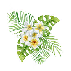 Watercolor illustration of a green leaves and flower. Hand made character. Leaf isolated on white background. Watercolor hand-drawn illustration. Tropical bouquet.