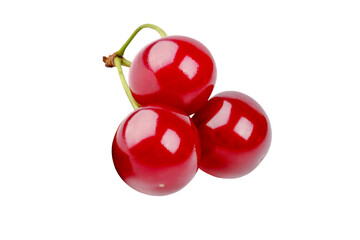 Three sweet cherries isolated on a white background. Close-up. Top view.