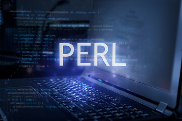 Perl inscription against laptop and code background. Learn perl programming language, computer courses, training. - obrazy, fototapety, plakaty