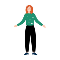 
Cartoon beautiful girl with open arms on a white background. Vector in flat style. Young woman in a modern sweater and trousers with a fashionable hairstyle. Happy hug day to the people of the world!