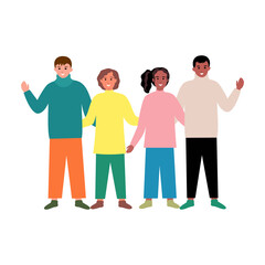 Fototapeta premium Baner with cartoon cute multiracial kids hugging on a white background. Vector in flat style. Happy hug day to the people of the world! The concept of love and goodwill. Children Protection Day. 