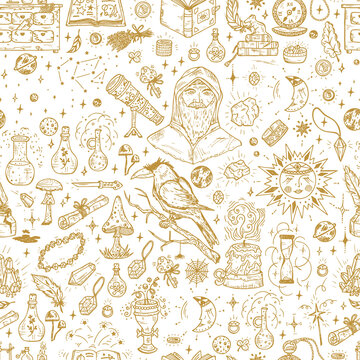 Alchemy Seamless pattern. Endless background with Hand Drawn Doodle Magic alchemical Symbols
