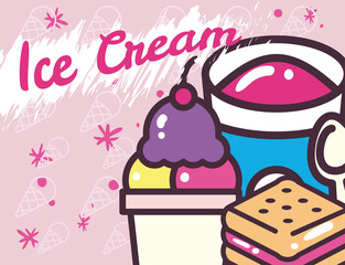 Ice creams bucket with spoon glass and cookie vector design