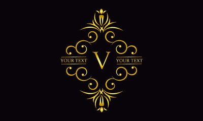 Premium monogram design with letter V. Exquisite gold logo on a dark background for a symbol of business, restaurant, boutique, hotel, jewelry, invitations, menus, labels, fashion.
