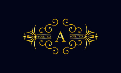 Elegant monogram design with letter A. Exclusive gold logo on a dark background for a symbol of business, restaurant, boutique, hotel, jewelry, invitations, menus, labels, fashion.