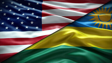 Double Flag United States of America vs Rwanda flag waving flag with texture Close-up background