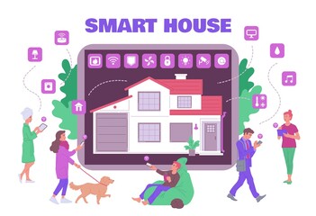 Fototapeta na wymiar Home automation known as smart house system banner flat vector illustration.