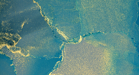 Art Abstract painting blots horizontal background. Alcohol ink blue and gold colors. Marble texture.