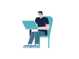Male character sitting on a chair and working on a laptop. Vector.