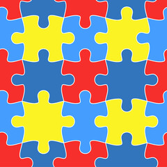 Colorful jigsaw. Seamless puzzle pattern. Autism background. World autism awareness day. Childish design template. Vector Illustration. EPS10. Design for fabric, wallpaper, textile and decor.