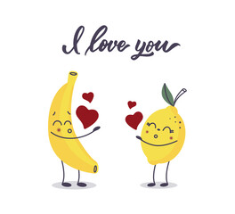 The set of cards for Happy Valentine's Day. Kawaii fruits are sending air kisses. Good for love designs. The logos in trendy yellow and gray colors. Vector illustrations