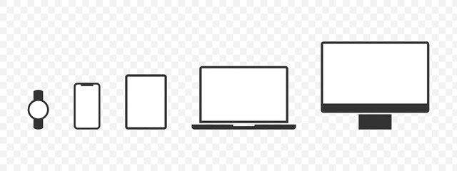 Mock-up devices set. Electronic gadgets. Computer monitor, Laptop, Tablet, Phone and watch. Vector illustration