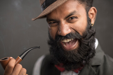 Laughing bearded young man with hat and smoker on dark.