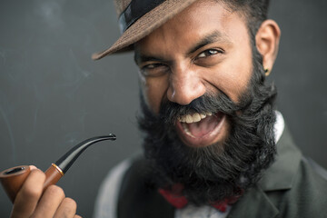 Laughing bearded young man with hat and smoker on dark.