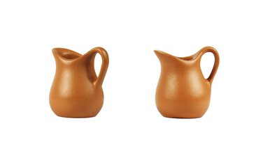 Set of tiny empty brown clay jugs