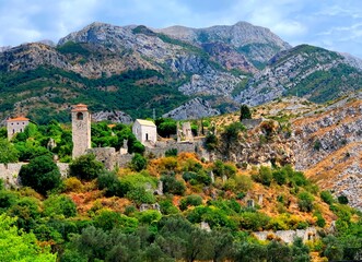 Fototapeta na wymiar Ancient fortress citadel in old town Bar Montenegro, Dinaric Alps mountains, scenic historical landscape.