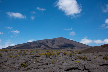 Volcanic landscape of Piton de la Fournaise the active volcano of Réunion island, France, tropical Europe.