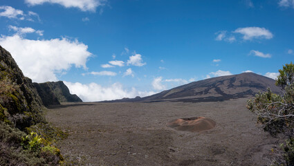 Crater on the volcanic landscape of Piton de la Fournaise, the active volcano of Reunion island, France, tropical Europe.