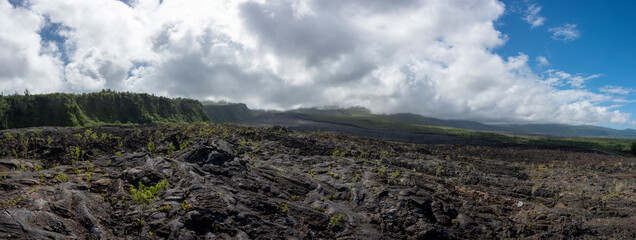 Volcanic landscape on the flanks of the Piton de la Fournaise in Réunion island, tropical active...