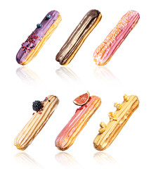 Set of delicious eclairs with various flavors, isolated on a white background