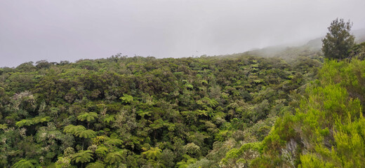 Mountainous landscape under a cloudy day in Reunion island, France, Tropical Europe.
