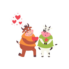 Bull marries a cow. Love couple farm animals. Modern vector