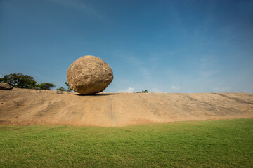 Krishna's butterball, the giant natural balancing rock in Mahabalipuram, Tamil Nadu, India