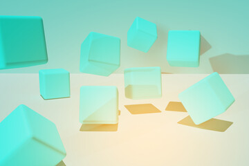 Geometric background from squares. Flying colored shapes. Minimal style. 3D rendering