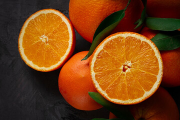 Orange with leaves, fruit, top view, no people, horizontal,