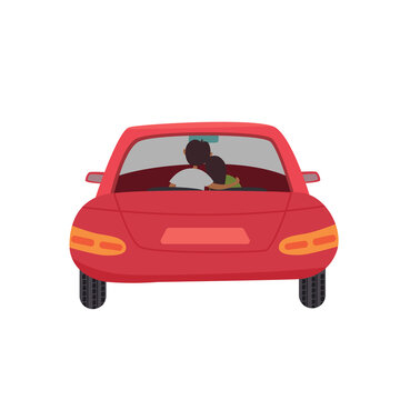 Red car with a couple inside. Silhouette of people in the back seat of a car. Vector flat modern