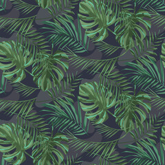 Fototapeta na wymiar the current trend is subdued tropics . watercolor tropical plants and doodles. seamless pattern. EPS 10. For Printing, booklets, prints, interior design