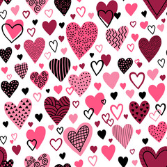 Seamless pattern with pink and red hearts in doodle. Illustration for wallpaper, fabric textile, wrapping paper, surface, textures, invitation cards, valentine's day. Pattern on white background.