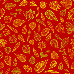 Seamless red and yellow pattern with leaves. Illustration for wallpaper, pattern fills, fabric textile, wrapping paper, surface, textures, invitation cards. Pattern on red background.
