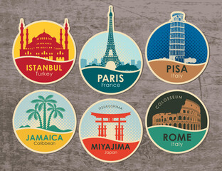 Set of stickers with the sights of the capitals of various countries. Vector illustration on the theme of travel with round emblems on a wooden background. Turkey, France, Italy, Caribbean, Japan