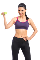 Healthy Indian woman with dumbbells working out on white background. fitness gym concept