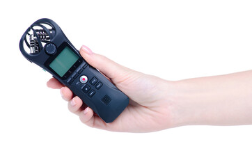 Professional voice recorder in hand on white background isolation