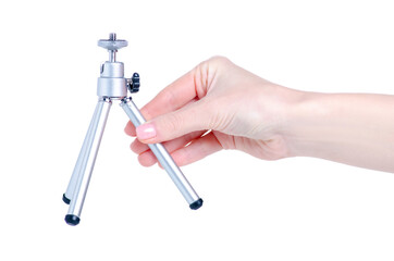 Microphone tripod stand in hand on white background isolation