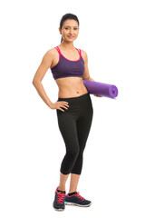 Young attractive woman holding a pink yoga mat. Isolated on white